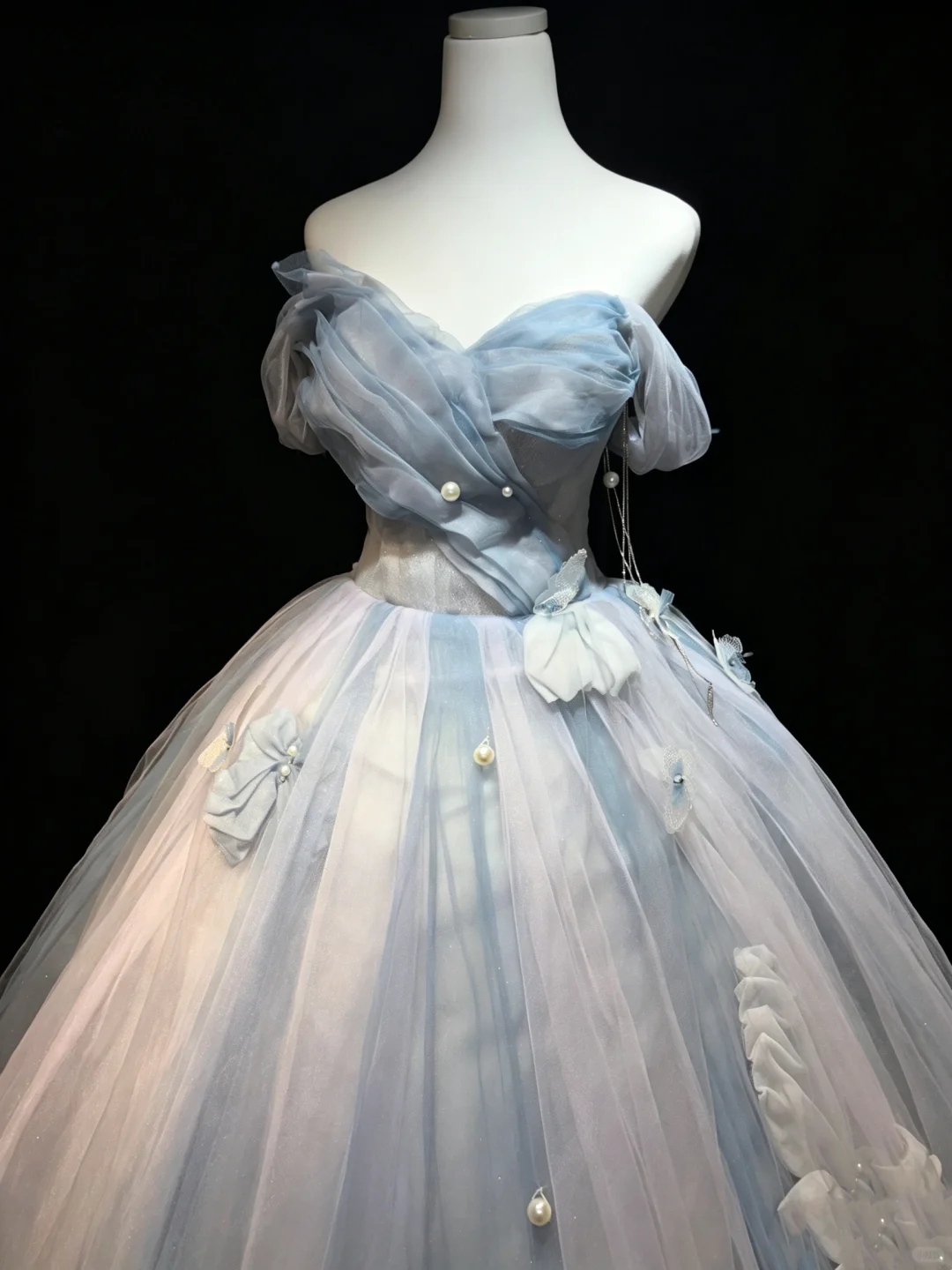 Blue White Ombre Off Shoulder Ball Gown 3D Bow Pearl Tulle Formal Evening Dress  NV6973