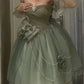 Robe de soirée courte en tulle à fleurs, verte, épaules dénudées, coupe trapèze, mini robe d'anniversaire, robe de bal, nv4172