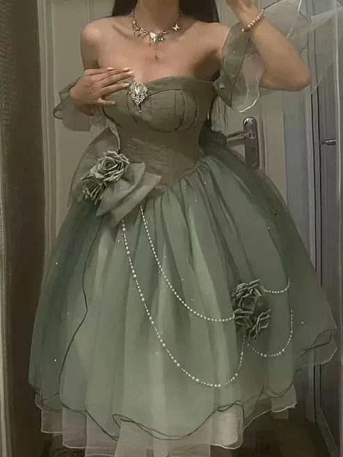 Robe de soirée courte en tulle à fleurs, verte, épaules dénudées, coupe trapèze, mini robe d'anniversaire, robe de bal, nv4172