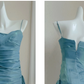NiceVestidos – Ärmelloses, glänzendes, schmal geschnittenes, bodenlanges Abendkleid in Seeblau, NV5784
