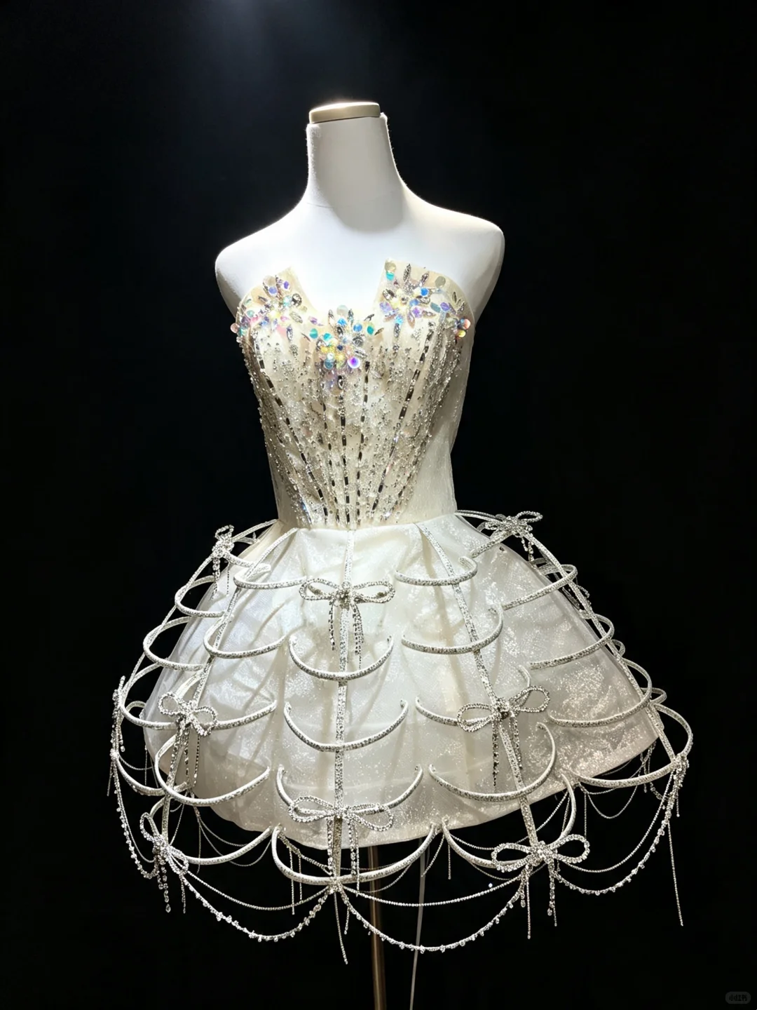 Ivory Strapless Sweetheart Cage Skirt Dress Crystal Chain Tassel Big Champagne Bow Back Runway Prom Gown  NV6934