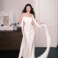 White Strapless Draped Satin Wedding Dress With Long Streamers  NV7230