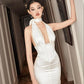 White Simple Elegant V-neck Mermaid Fishtail Satin Long Ball Gown Sleeveless Evening Gown Party Dress nv2478