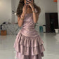Robe de soirée courte en satin rose à épaules dénudées, robe d'anniversaire, robe de soirée nv2402