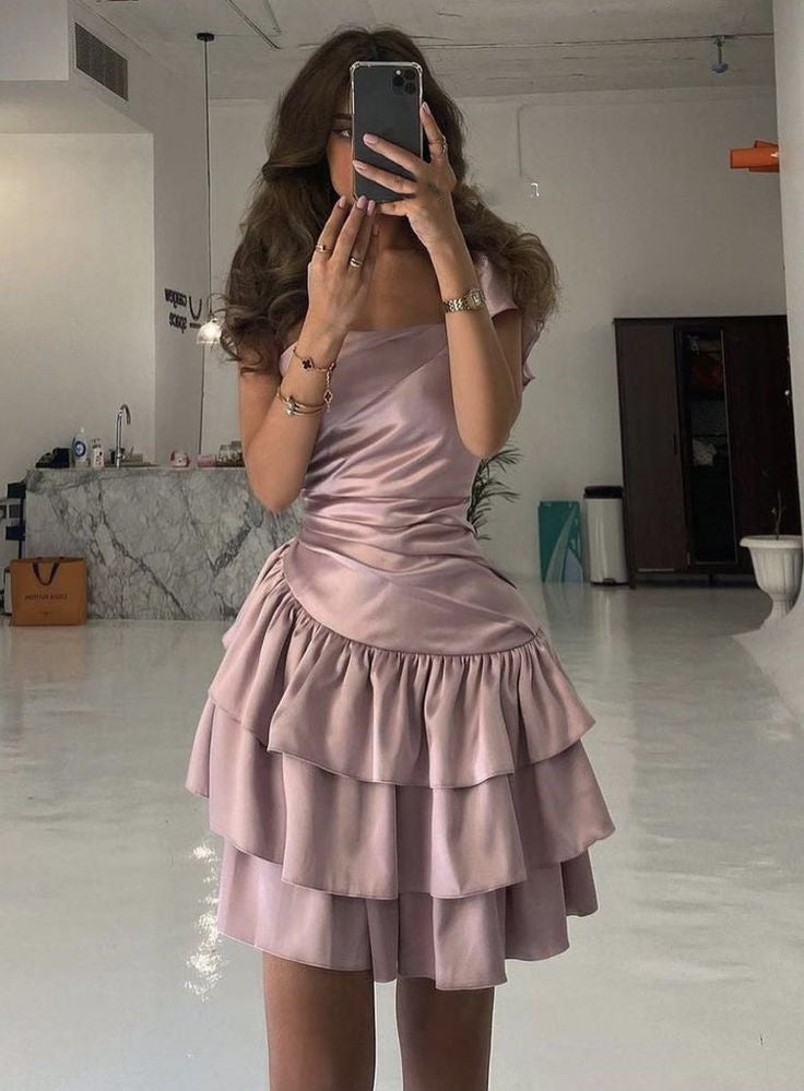 Robe de soirée courte en satin rose à épaules dénudées, robe d'anniversaire, robe de soirée nv2402