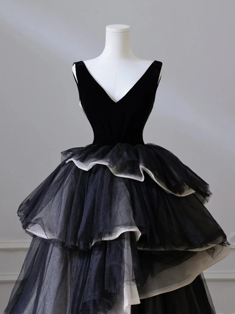 Black and White V Neck Low Cut Tulle Velvet Long Tiered Ball Gown Evening Dress Party Dress nv2607