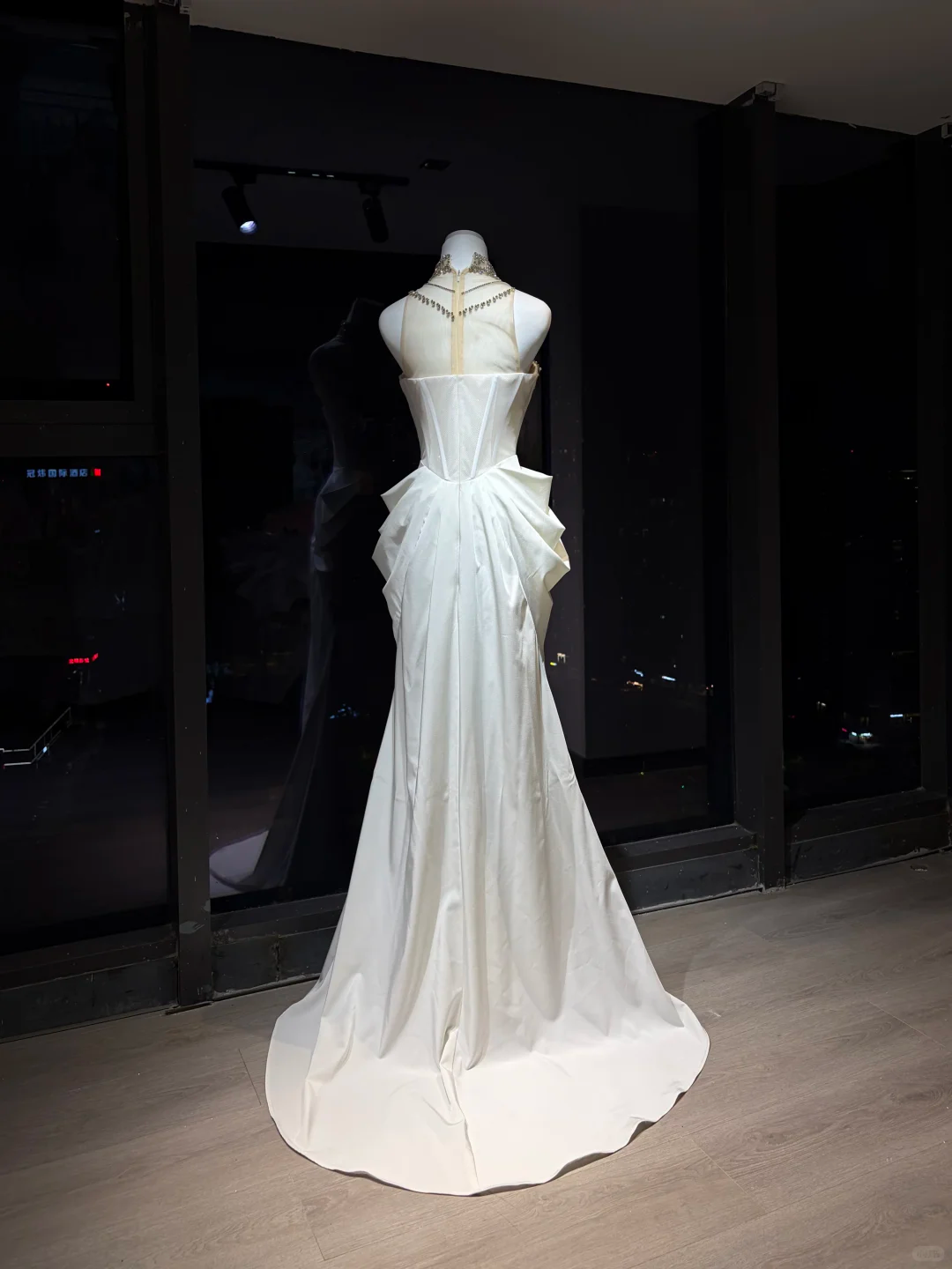 White Halter Satin Mermaid Evening Dress, Heavy Rhinestone Beaded Bodice with 3D Petal Waist  NV7088