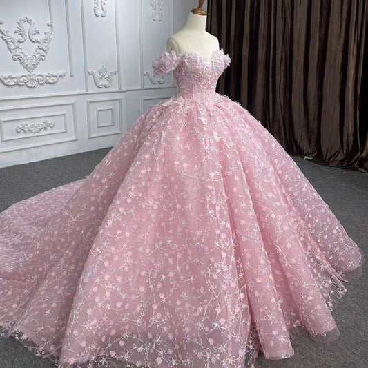 NiceVestidos-Pinkes langes Tüll-Ballkleid mit Blumenmuster NV6125