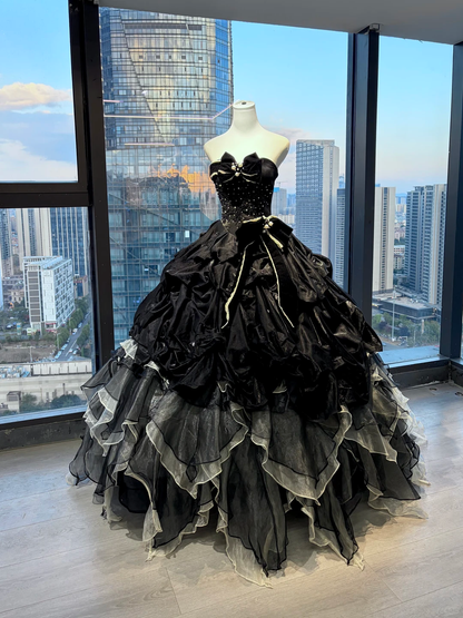 Strapless Black Gothic Ball Gown Rhinestone Beaded Bow Gradient Ruffle Tulle Prom Dress  NV7032