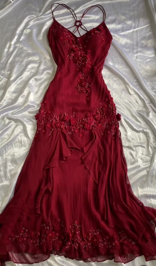 Burgunderrotes, elegantes, exquisites, perlenbesetztes Spaghettiträger-Chiffon-Meerjungfrauen-Ballkleid, Abendkleid, Partykleid, NV3592