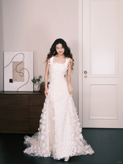 3D Floral Tulle Wedding Dress Square Neck Wide Strap  NV7316