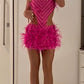 Robe de soirée courte rose brillante, sans bretelles, en plumes, à la mode, nv3503