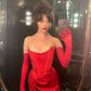 Rotes, modisches, schlichtes Tube-Top mit kurzem Schlitz, sexy Satin-Ballkleid, Abendkleid, Urlaubspartykleid mit Handschuhen, Homecoming-Kleid nv3094
