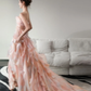 Pink Strapless Ombre Ruffle Prom Gown Watercolor Print Cutout Waist  NV7184
