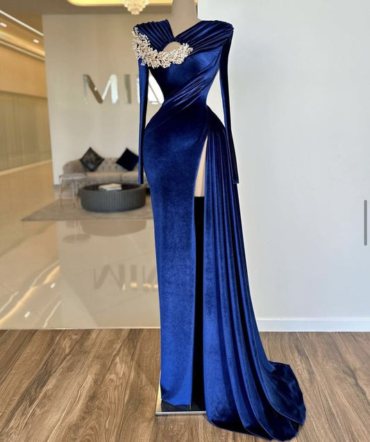 Blue rhinestones decoration fashion elegant long sleeves long velvet ball gown evening dress party dress nv3067