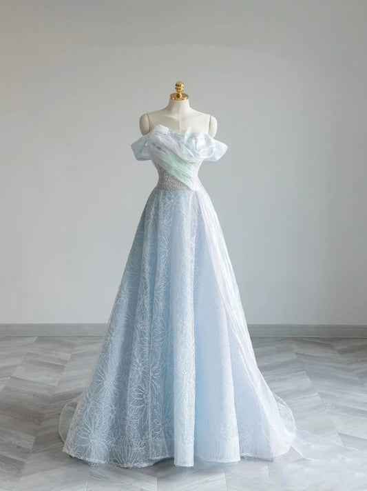Hellblau elegante süße glänzende exquisite Spitze lange Tüll Ballkleid Abendkleid Graduation Kleid Erwachsenen Kleid nv3779