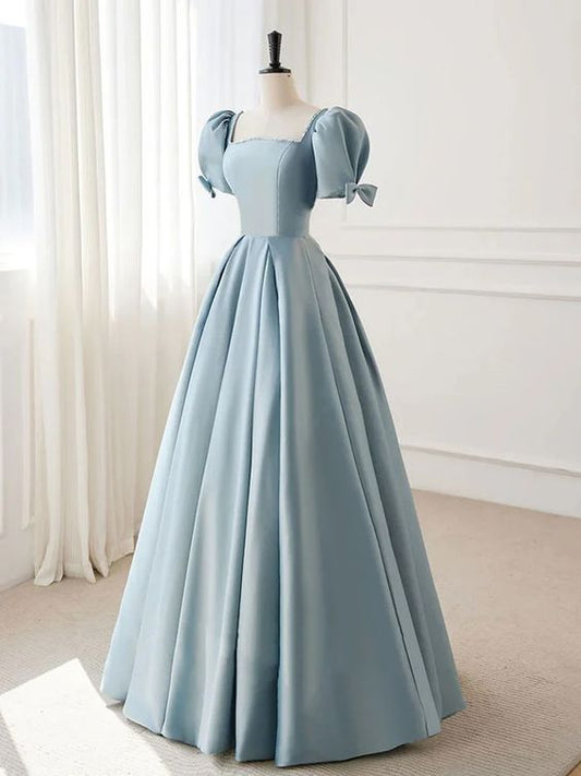 Blue sweet elegant satin A-line short sleeves bow puff sleeves simple floor-length ball gown evening dress party dress nv2565