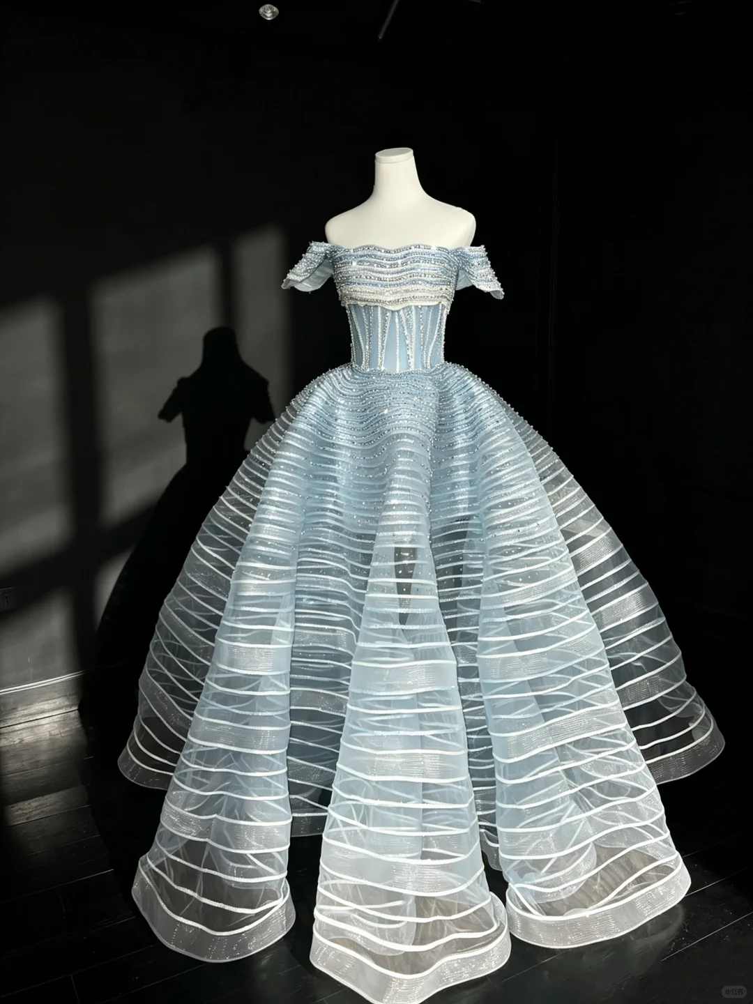 Off Shoulder Ice Blue Tulle Prom Dress Corset Bodice Striped Rhinestone Structured Princess Ball Gown  NV6993