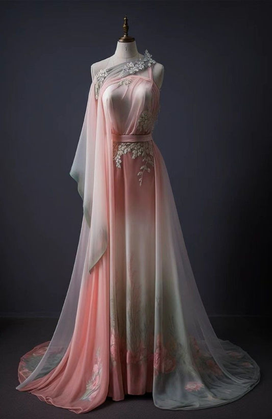 Pink gorgeous retro gradient fashion one shoulder elegant floral applique A-line long tulle floor-length evening dress prom dress nv3831