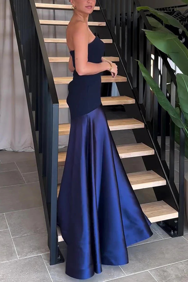 Blue low waist elegant and charming simple satin splicing tube top off shoulder flared dress long dress long ball gown evening dress party dress prom dress to impress nv2583