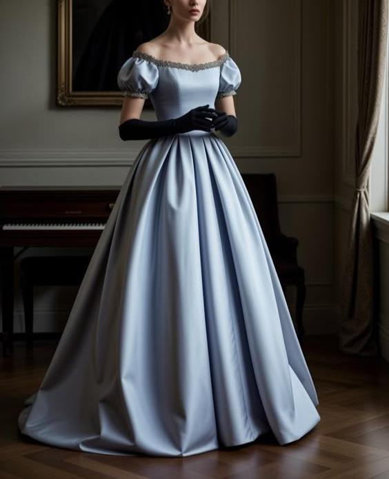 Blue Vintage Grand Elegant A-line Short Sleeve Off-shoulder Long Ball Gown Prom Dress Evening Dress Party Dress With Gloves nv2627