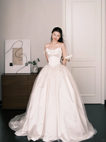 Light Champagne Ruffle Off Shoulder Princess Wedding Dress  NV7236