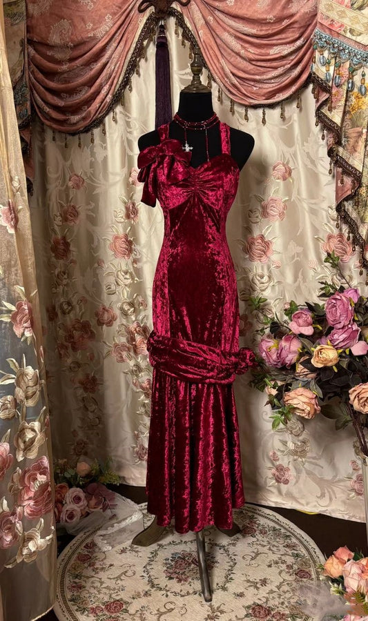 Burgundy Vintage Elegant Long Velvet Slim Ball Gown Evening Dress nv2966