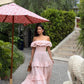 Pink off-the-shoulder ruffled flowing long party dress evening gown nv2697