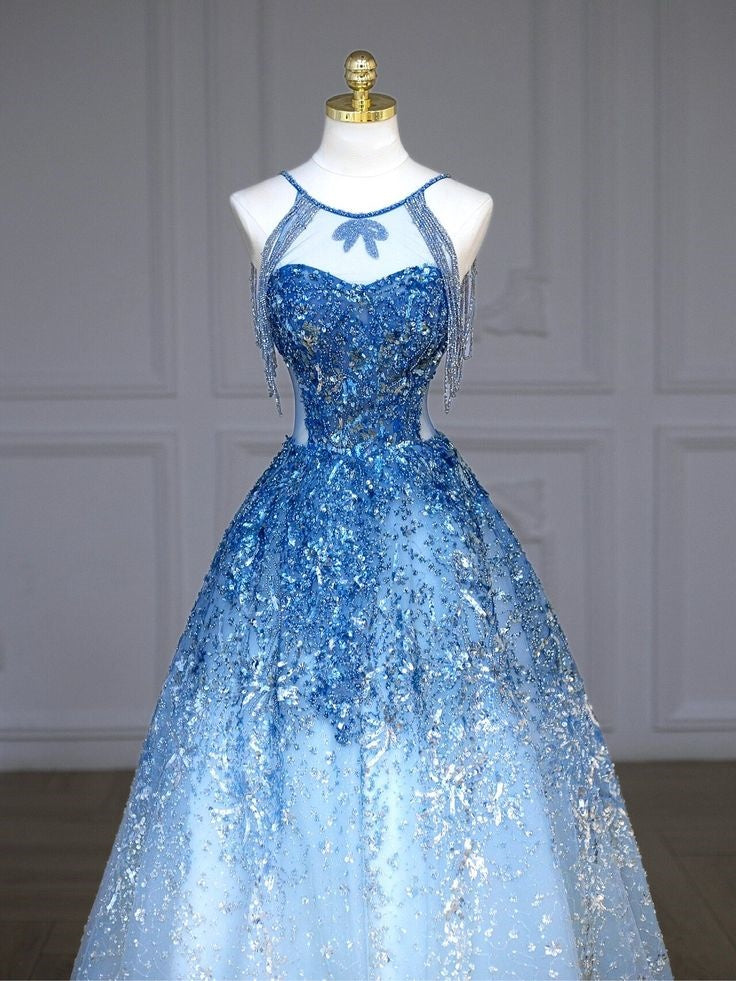 Blaues luxuriöses, mit Perlen besetztes, funkelndes, wunderschönes Brautkleid, mit Perlen und Pailletten besetztes, bodenlanges Prinzessinnen-Ballkleid nv5060