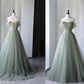 Green elegant A-line off-shoulder long tulle ball gown evening dress graduation dress coming of age ceremony dress nv1413