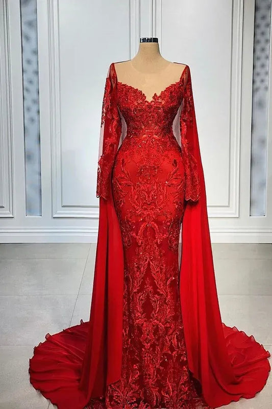 Red Luxurious Mermaid Prom Dresses Sheer Neck Lace Beaded Evening Formal Party Gowns Dress nv4