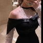 Black shiny elegant one shoulder off shoulder long sleeve long ball gown evening dress party dress nv2461