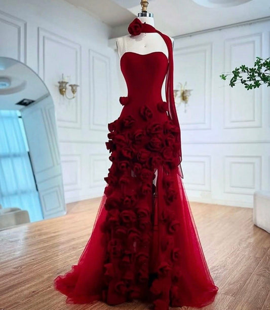 Red long elegant evening dress with delicate floral details NV6675