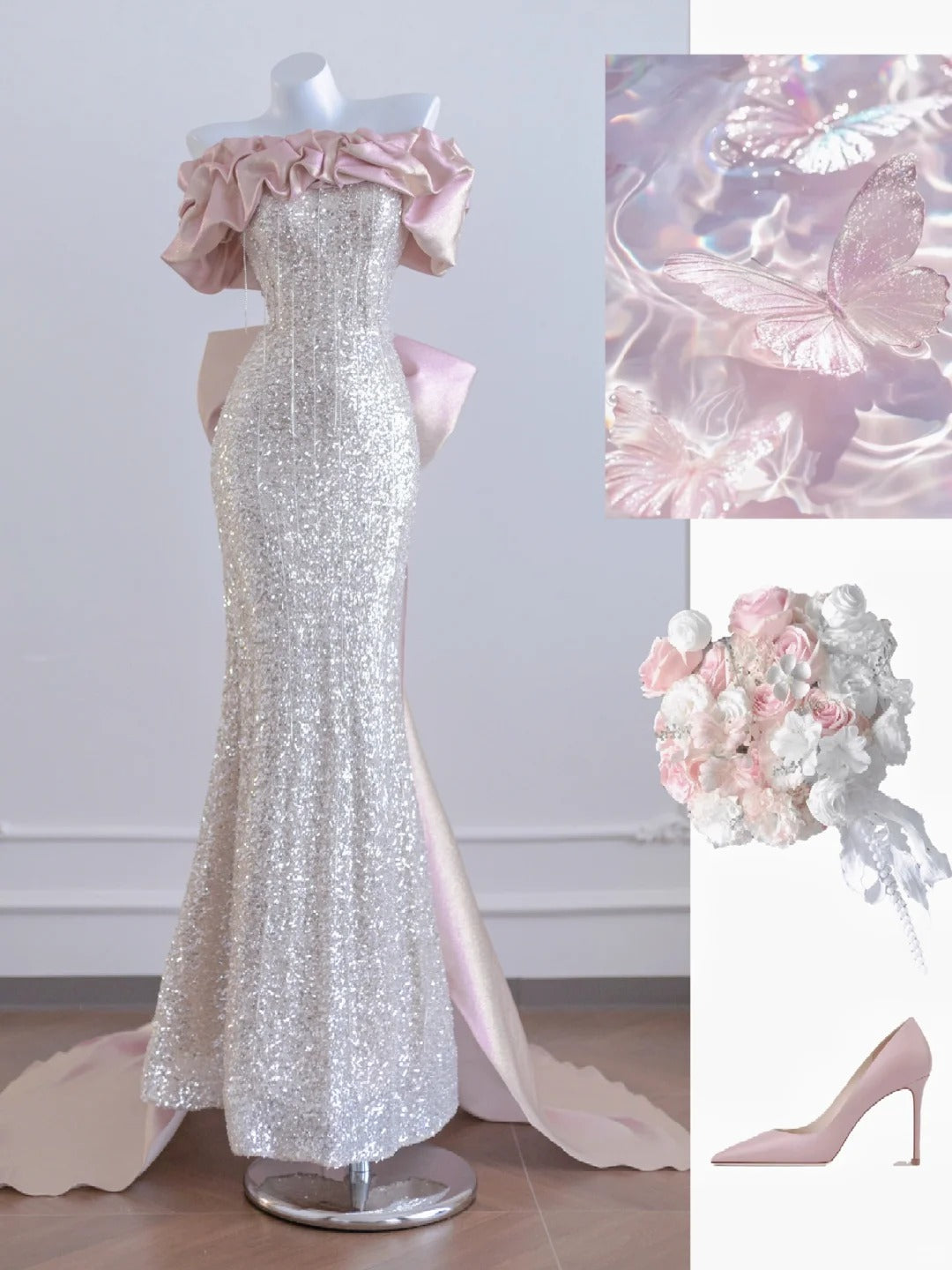 Robe de soirée longue argentée rose à paillettes et perles exquises, robe de bal, robe de soirée nv4725