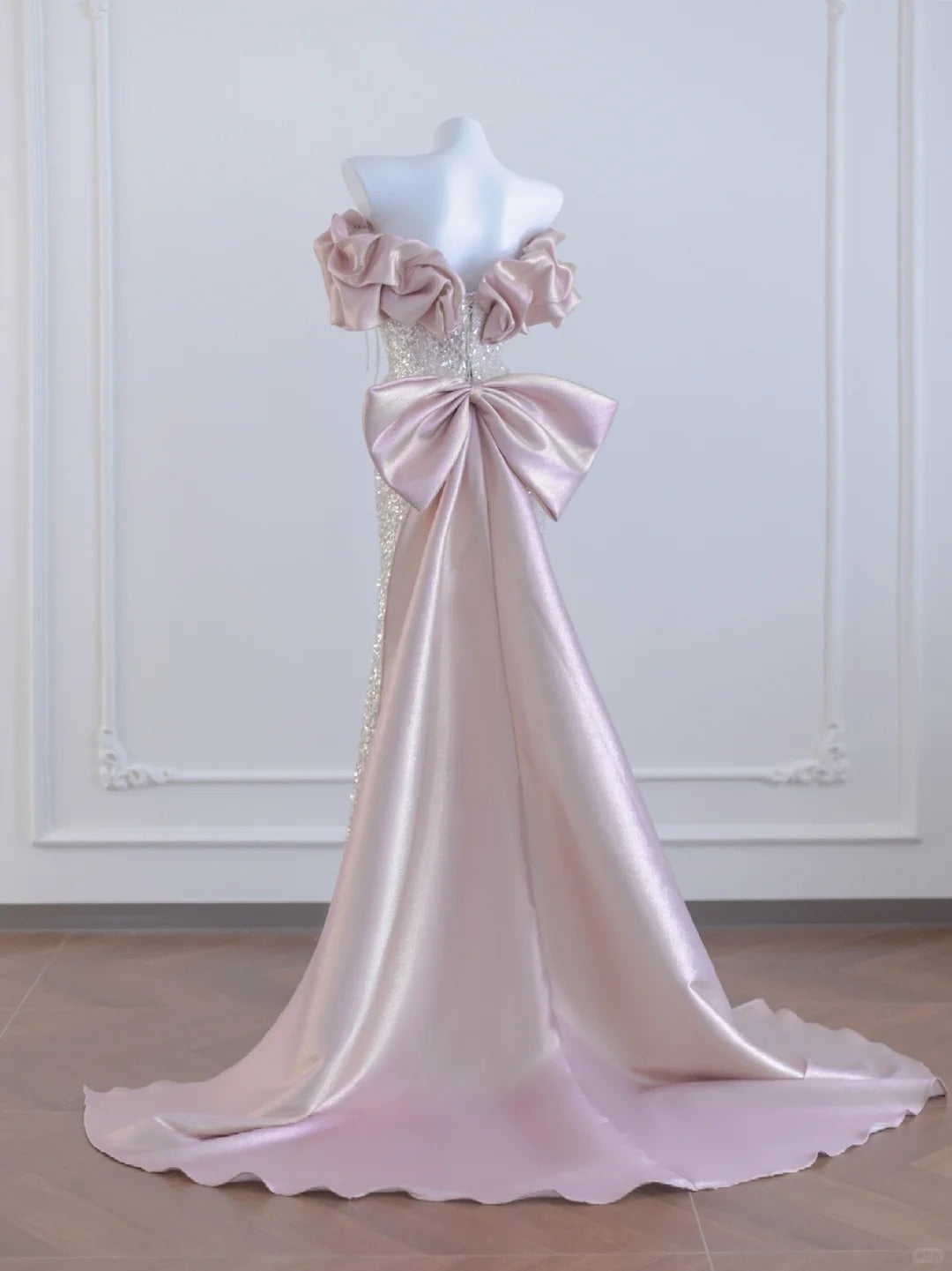 Robe de soirée longue argentée rose à paillettes et perles exquises, robe de bal, robe de soirée nv4725