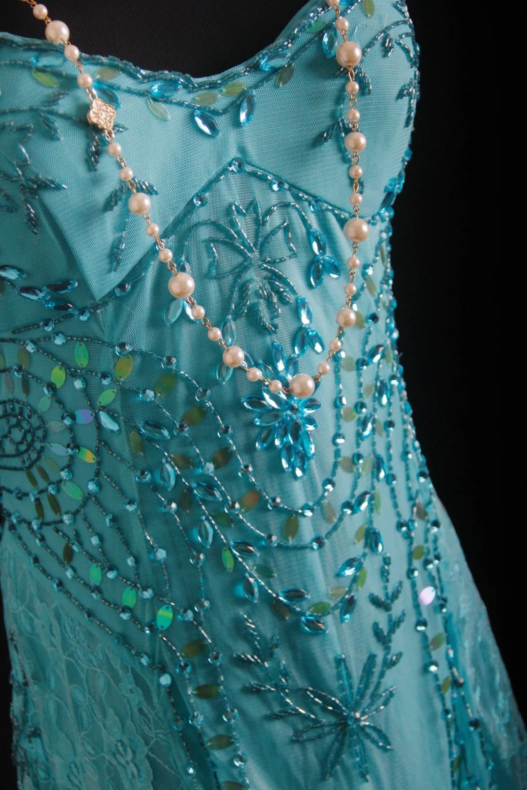 NiceVestidos – Blingbling, elegantes, märchenhaftes, türkisfarbenes Ballkleid mit Perlen, NV5789