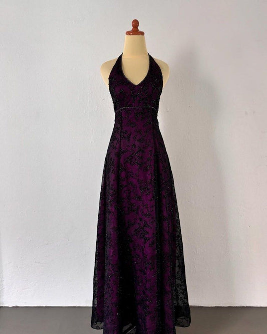 NiceVestidos - Robe de bal longue en mousseline de soie violet foncé, style vintage, exquise, à fleurs, robe de soirée, robe de fée, Nv5588