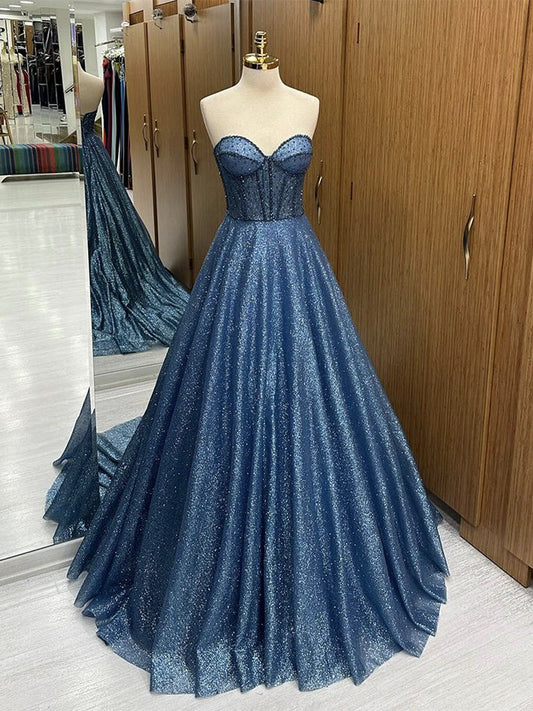 A-Linie, herzförmiger Ausschnitt, Tüll, Perlen, langes blaues Ballkleid, langes Abendkleid, nv1499