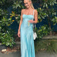 Blaues schlichtes, elegantes Spaghettiträgerkleid mit langen Seitenschlitzen, schmale Passform, Ballkleid, Abendkleid, Partykleid, NV1640