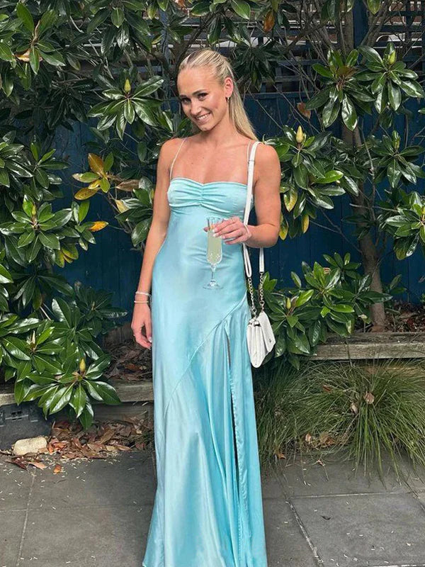Blaues schlichtes, elegantes Spaghettiträgerkleid mit langen Seitenschlitzen, schmale Passform, Ballkleid, Abendkleid, Partykleid, NV1640