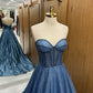 A-Linie, herzförmiger Ausschnitt, Tüll, Perlen, langes blaues Ballkleid, langes Abendkleid, nv1499