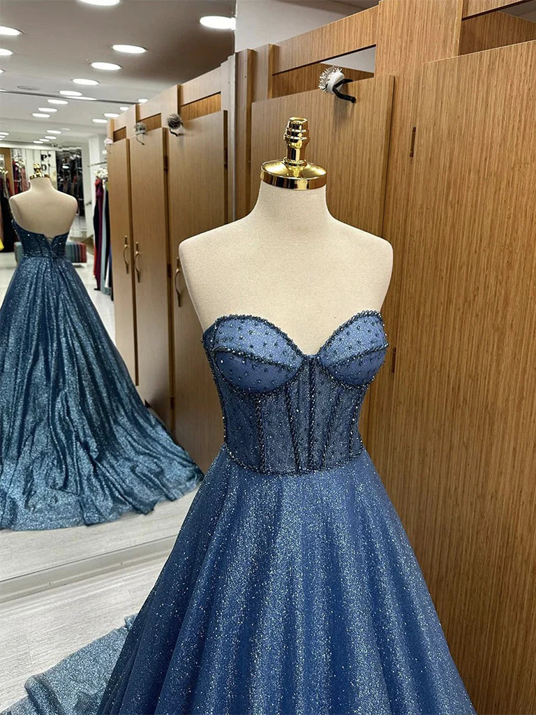 A-Linie, herzförmiger Ausschnitt, Tüll, Perlen, langes blaues Ballkleid, langes Abendkleid, nv1499
