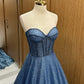 A-Linie, herzförmiger Ausschnitt, Tüll, Perlen, langes blaues Ballkleid, langes Abendkleid, nv1499