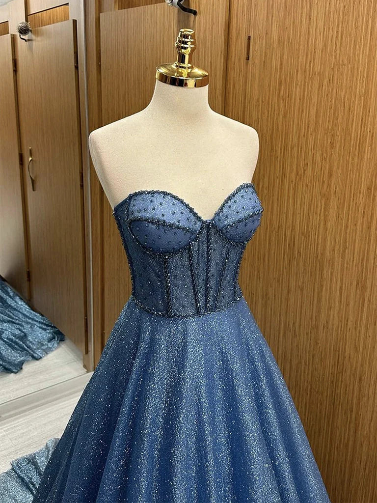 A-Linie, herzförmiger Ausschnitt, Tüll, Perlen, langes blaues Ballkleid, langes Abendkleid, nv1499