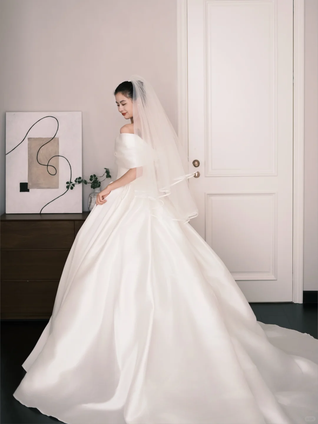 Satin Ball Gown Wedding Dress Off The Shoulder 3D Floral Bridal Gown with Train  NV7240
