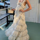 White exquisite elegant lace long ruffled tulle ball gown evening dress party dress nv3362