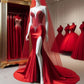 Red gorgeous shiny beaded heart-shaped neckline long train slit satin sexy ball gown evening dress wedding dress nv3256