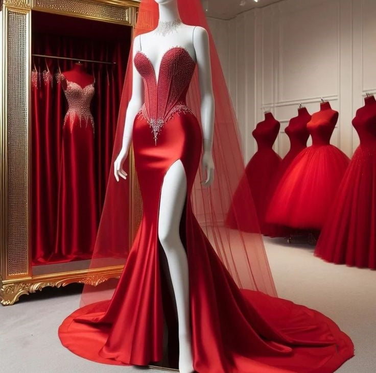 Red gorgeous shiny beaded heart-shaped neckline long train slit satin sexy ball gown evening dress wedding dress nv3256