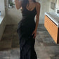 Robe de soirée longue noire à bretelles spaghetti et volants style sirène, robe d'invité de mariage, robe de bal, robe de soirée nv1952