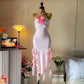 Robe de soirée longue en mousseline de soie à volants, coupe ajustée, style tube, motif floral, rose, nv3658